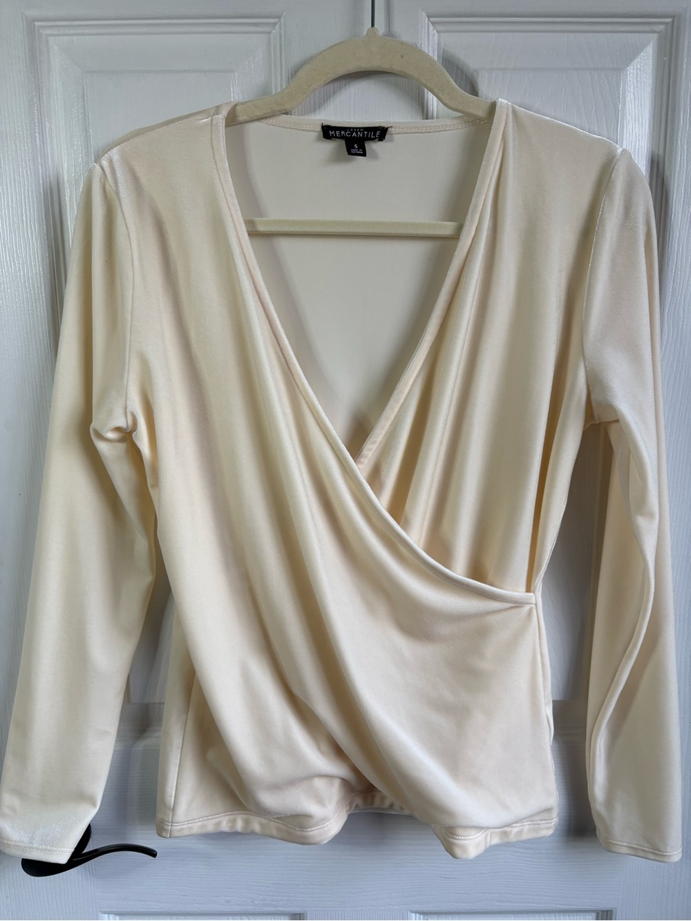 J. Crew Mercantile Cream Velvet Long-Sleeve Wrap V-Neck Top, Size Small